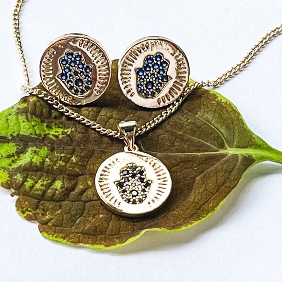 NWOT Hamsa Hand, Evil Eye Earring and Necklace with Charm set, Gold Filled 18" - Picture 12 of 14